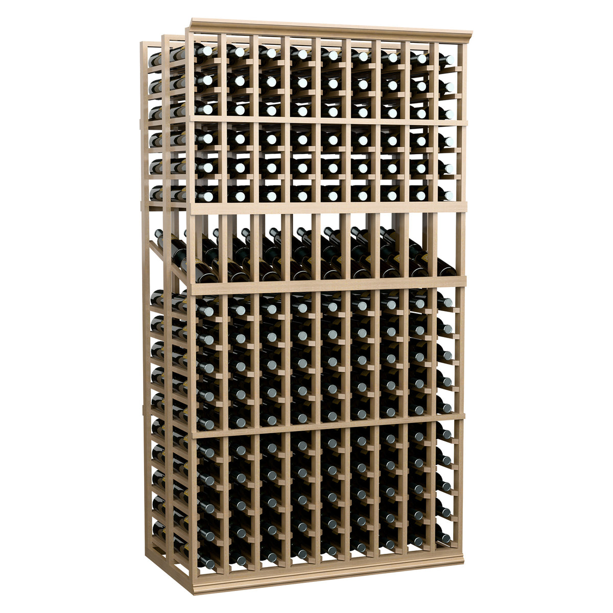 9-column double deep wine display rack with light wood frame and bottle cubbies
