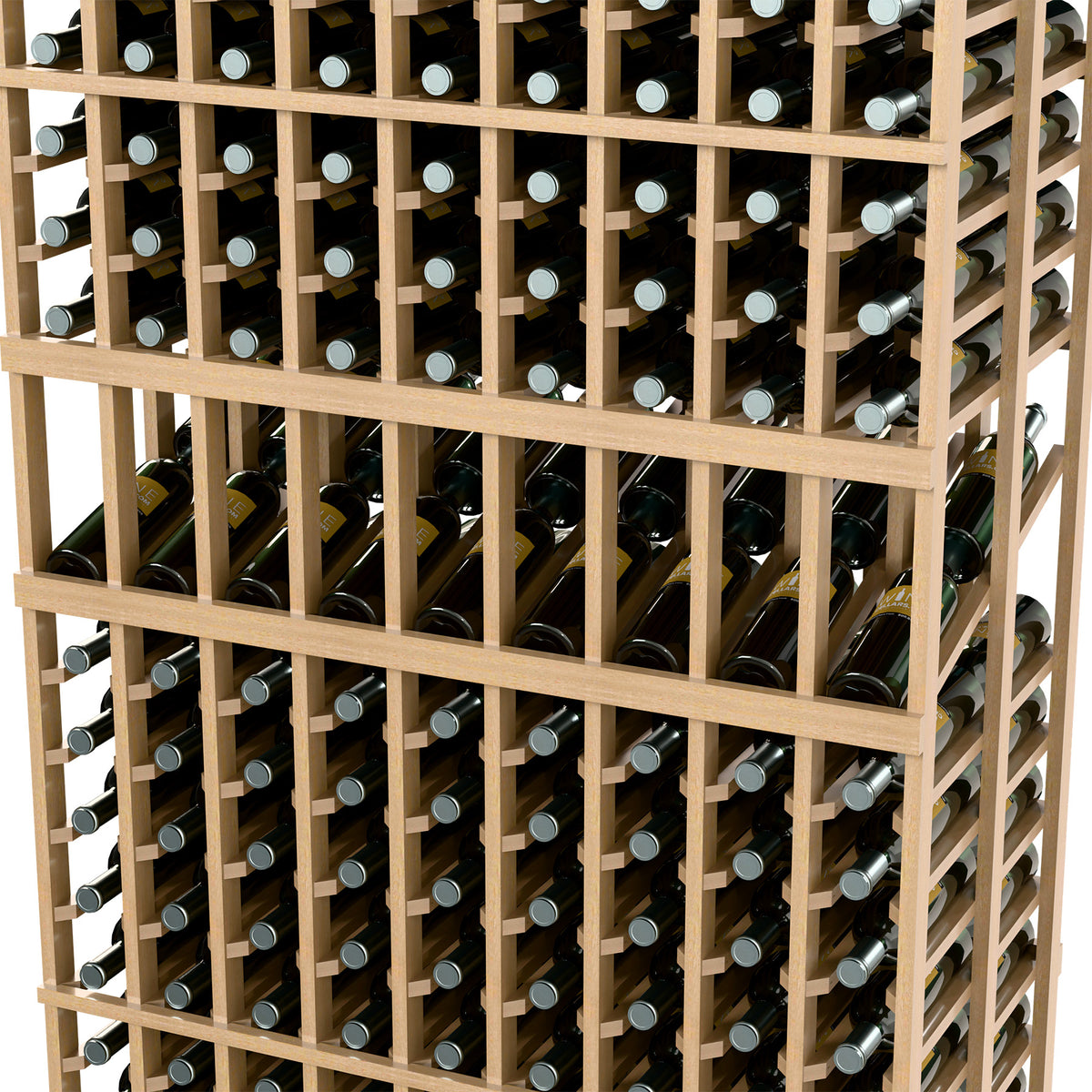 Light wood wine display rack close-up showing bottle rows and round bottle neck slots