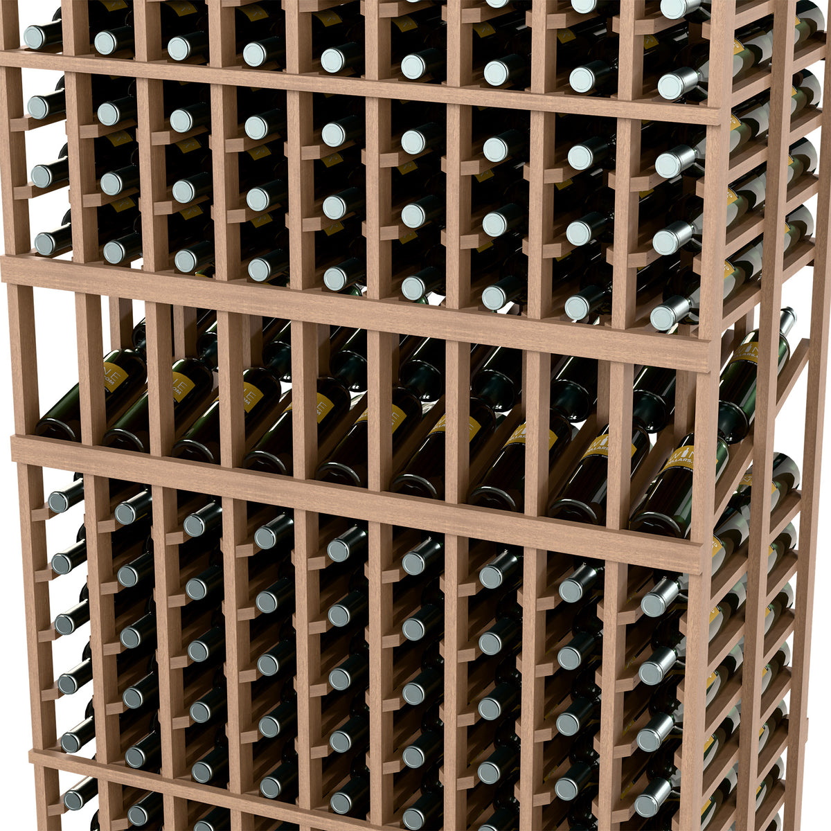 Light wood wine display rack close-up with multiple bottle compartments and cradles