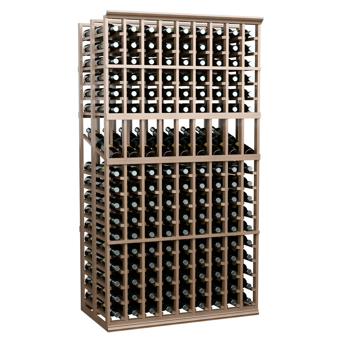 9-column double deep wine display rack, light wood frame with dark bottle rows