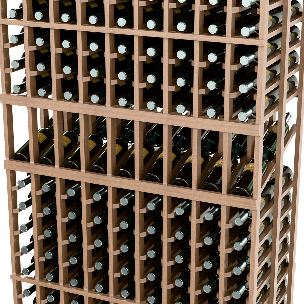 Light wood wine display rack close-up of bottle cubbies with visible bottle necks