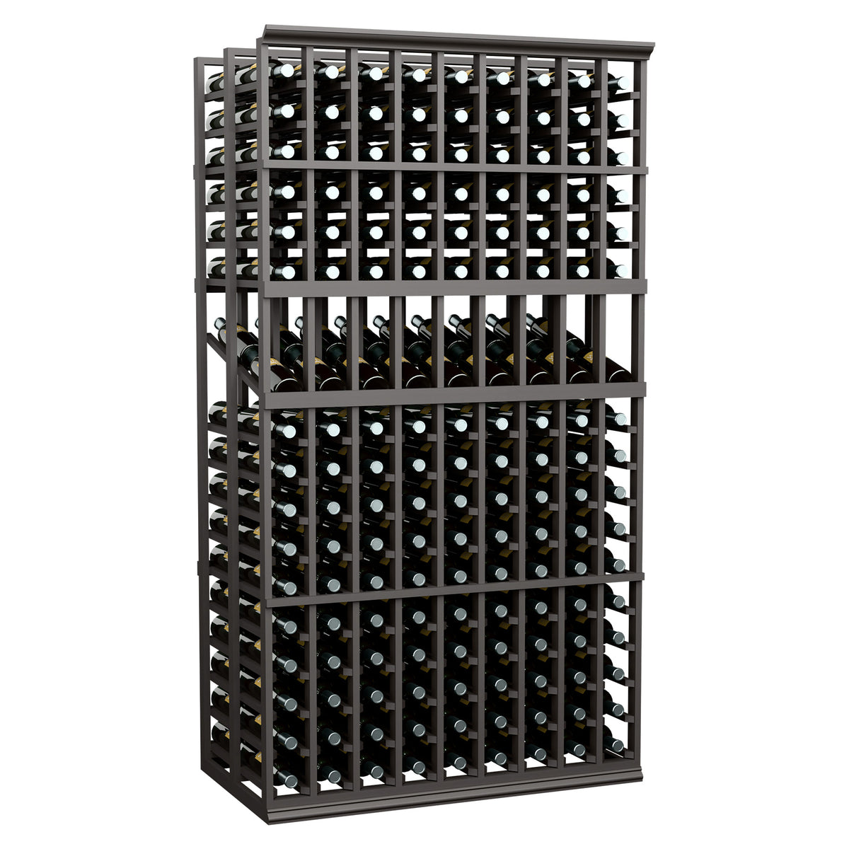 9-column double deep wine display rack with black frame and bottle cubbies