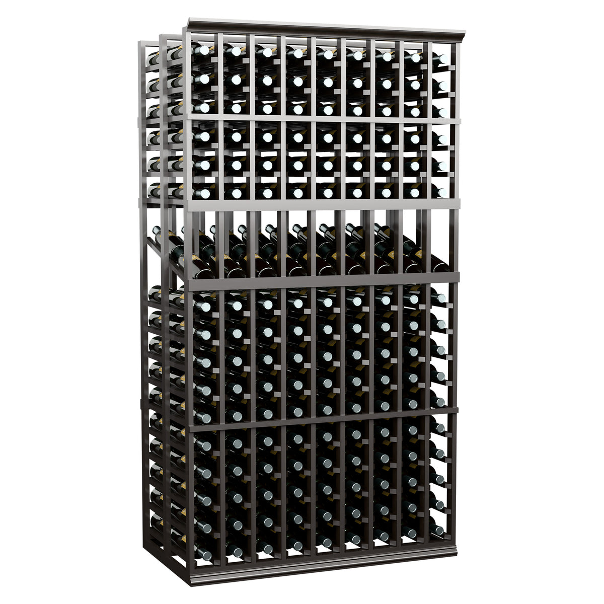 9-column double deep wine display rack with black frame and front bottle compartments
