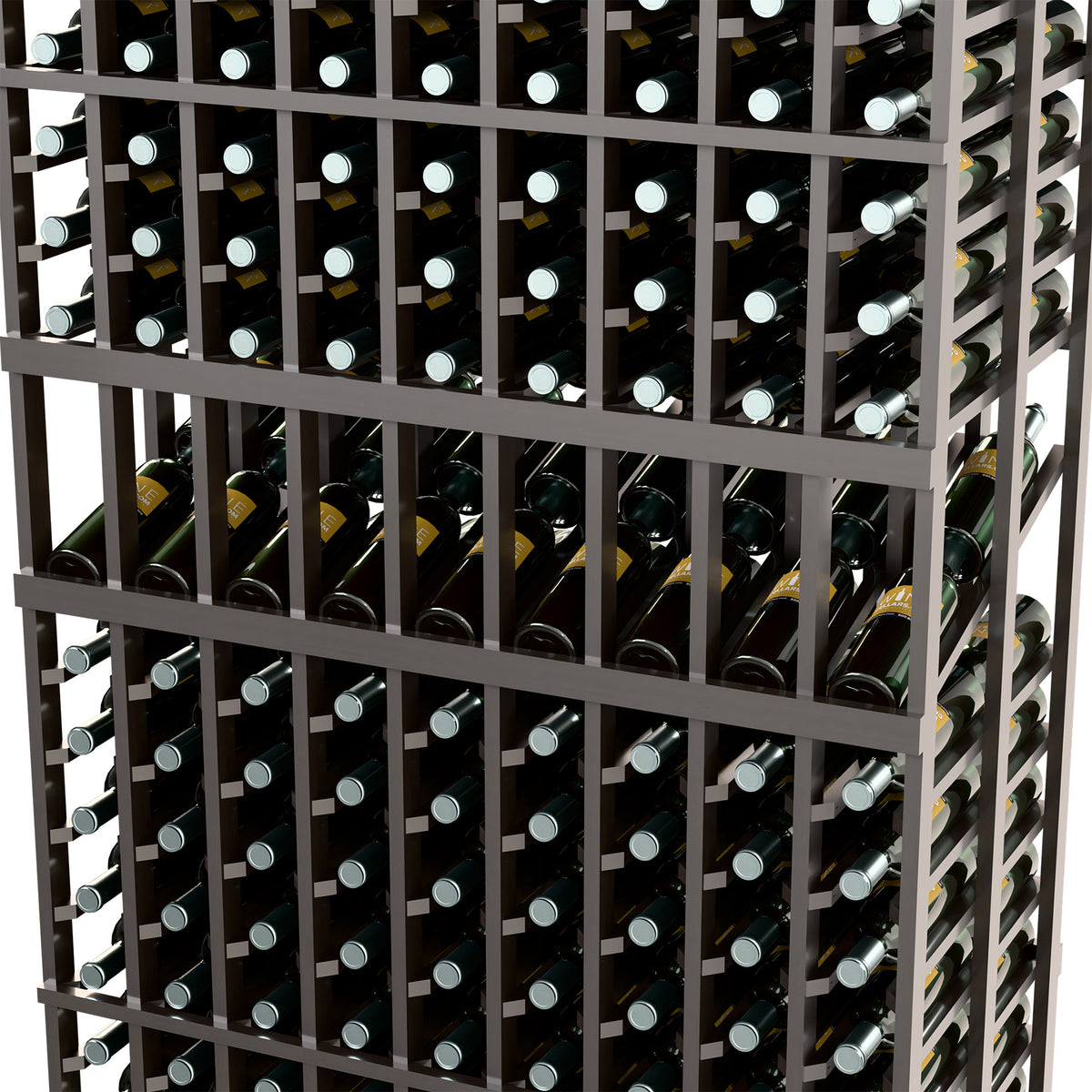 Black wine display rack close-up of bottle cubbies with visible bottle necks