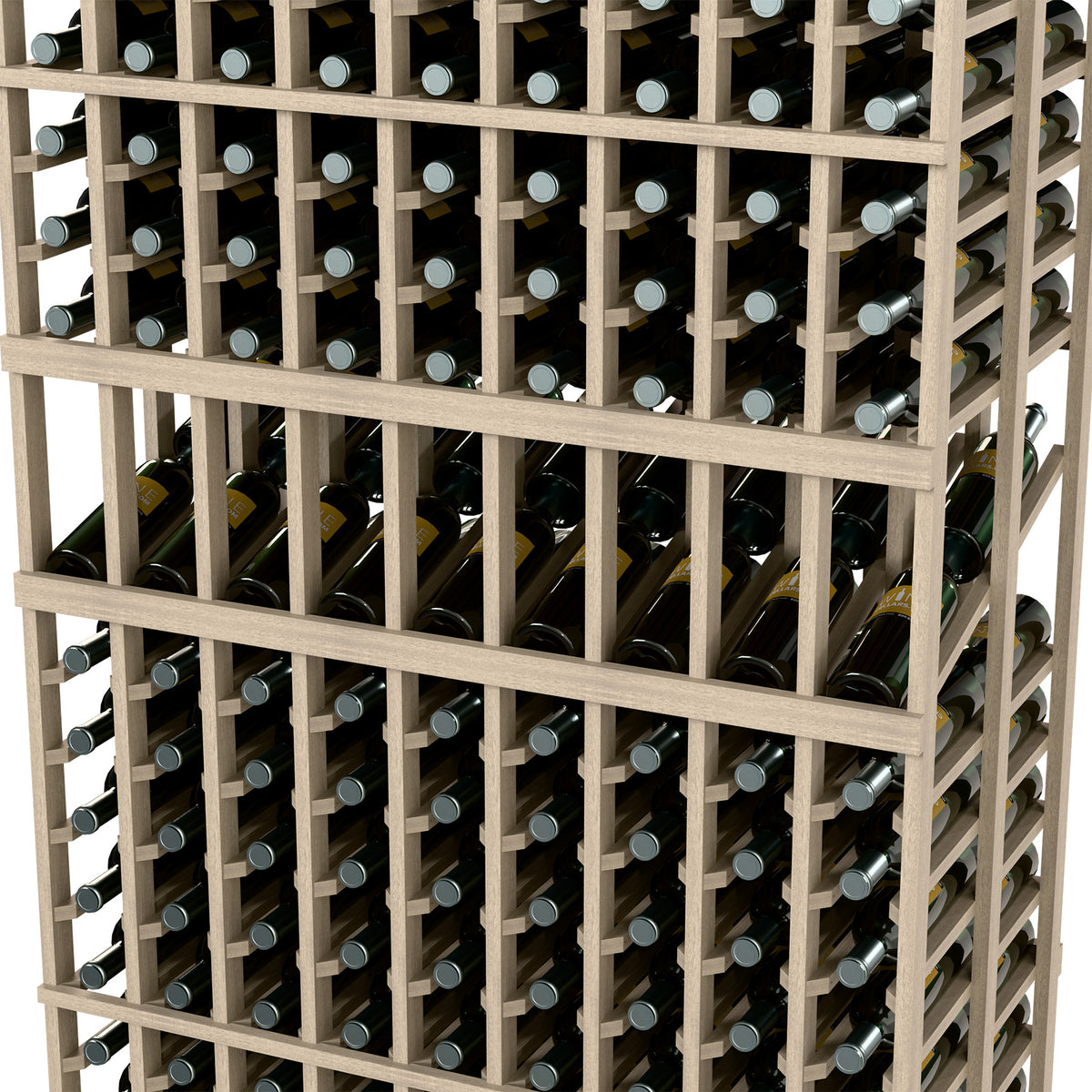 Wine display rack with light gray slat rows holding wine bottles