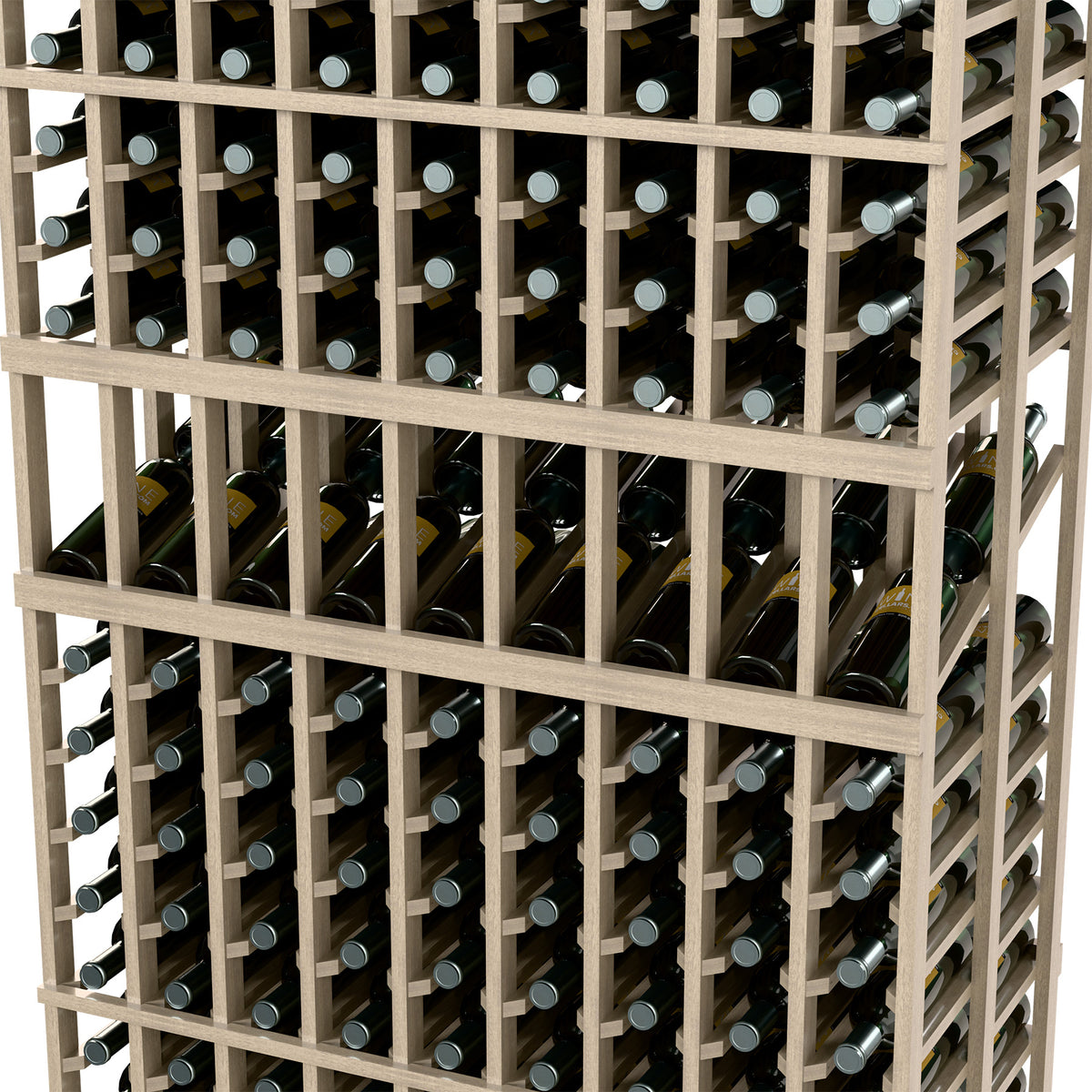 Wine display rack close-up with light gray slats and wine bottles in rows