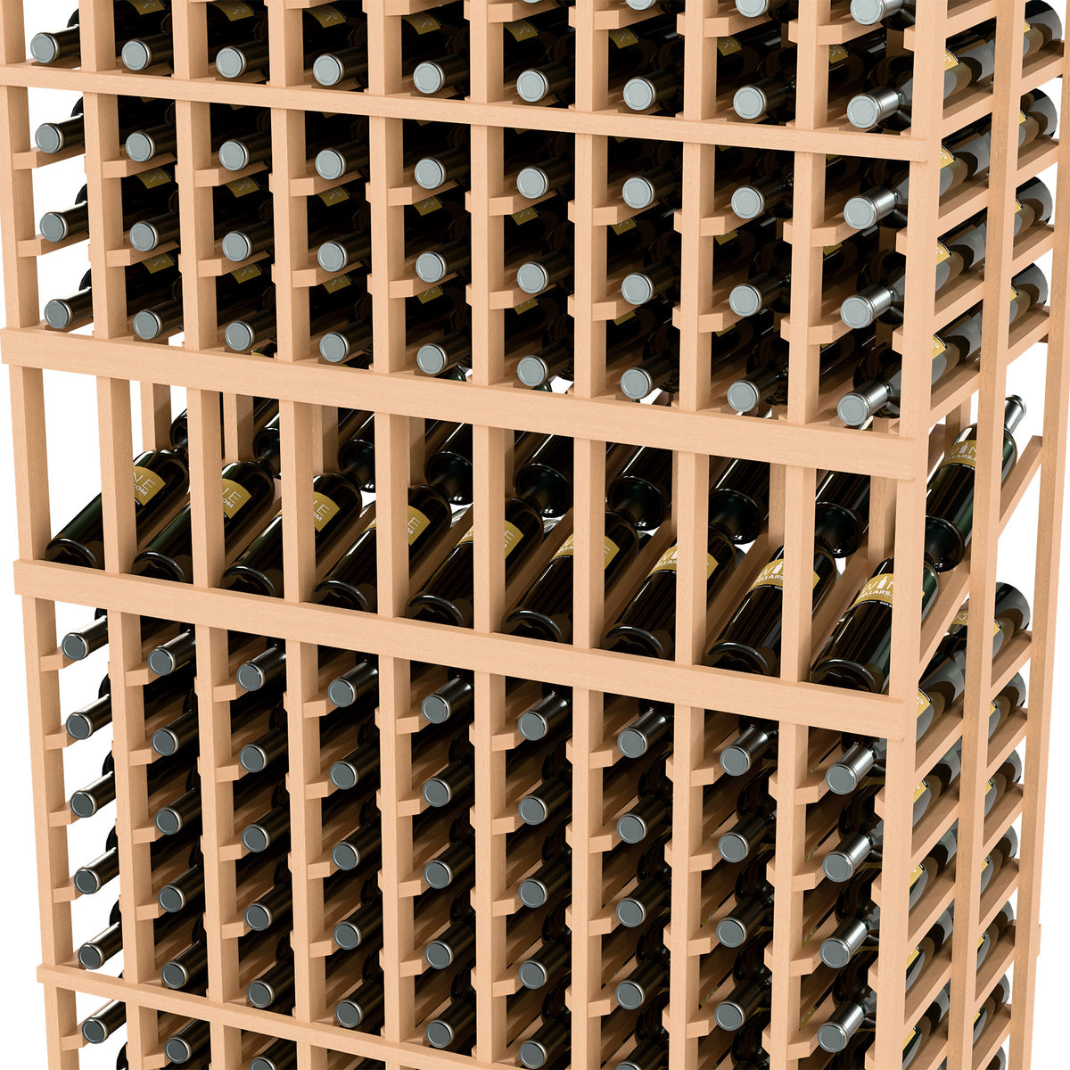 Wine display rack with natural wood slat rows holding wine bottles
