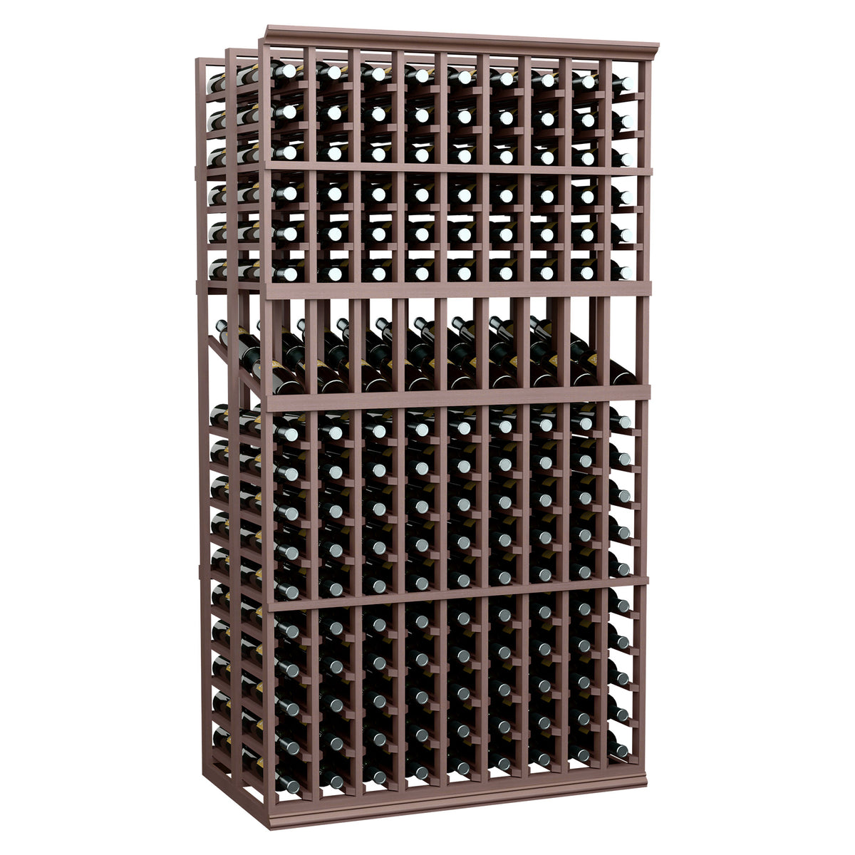 9-column double-deep wine display rack, dark brown wood frame with bottle slots