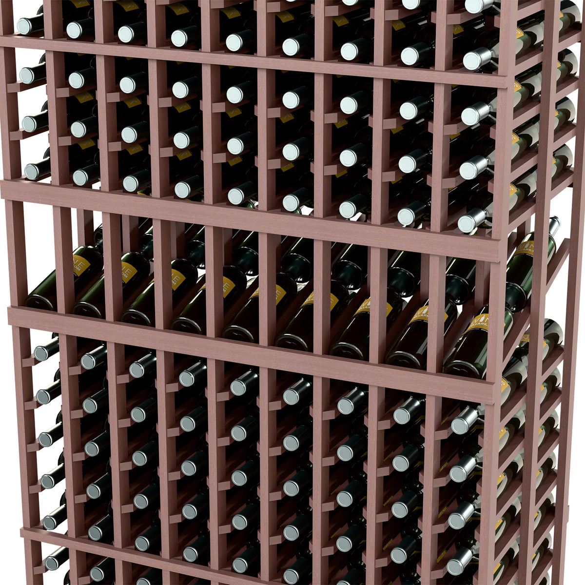 Wine display rack close-up with dark brown slats and wine bottles in rows