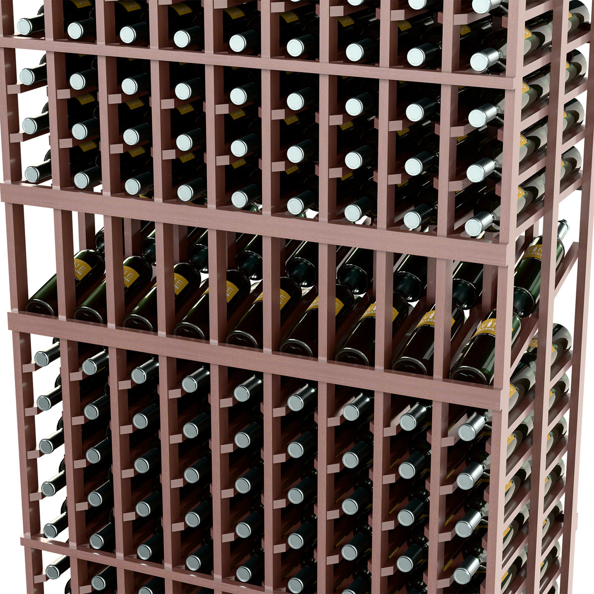 Close-up of dark wine rack front with individual bottle holders in a grid