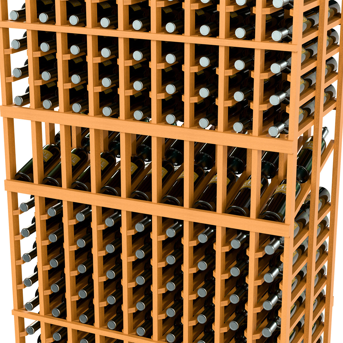 Close-up of light wood wine rack front with individual bottle holders in a grid