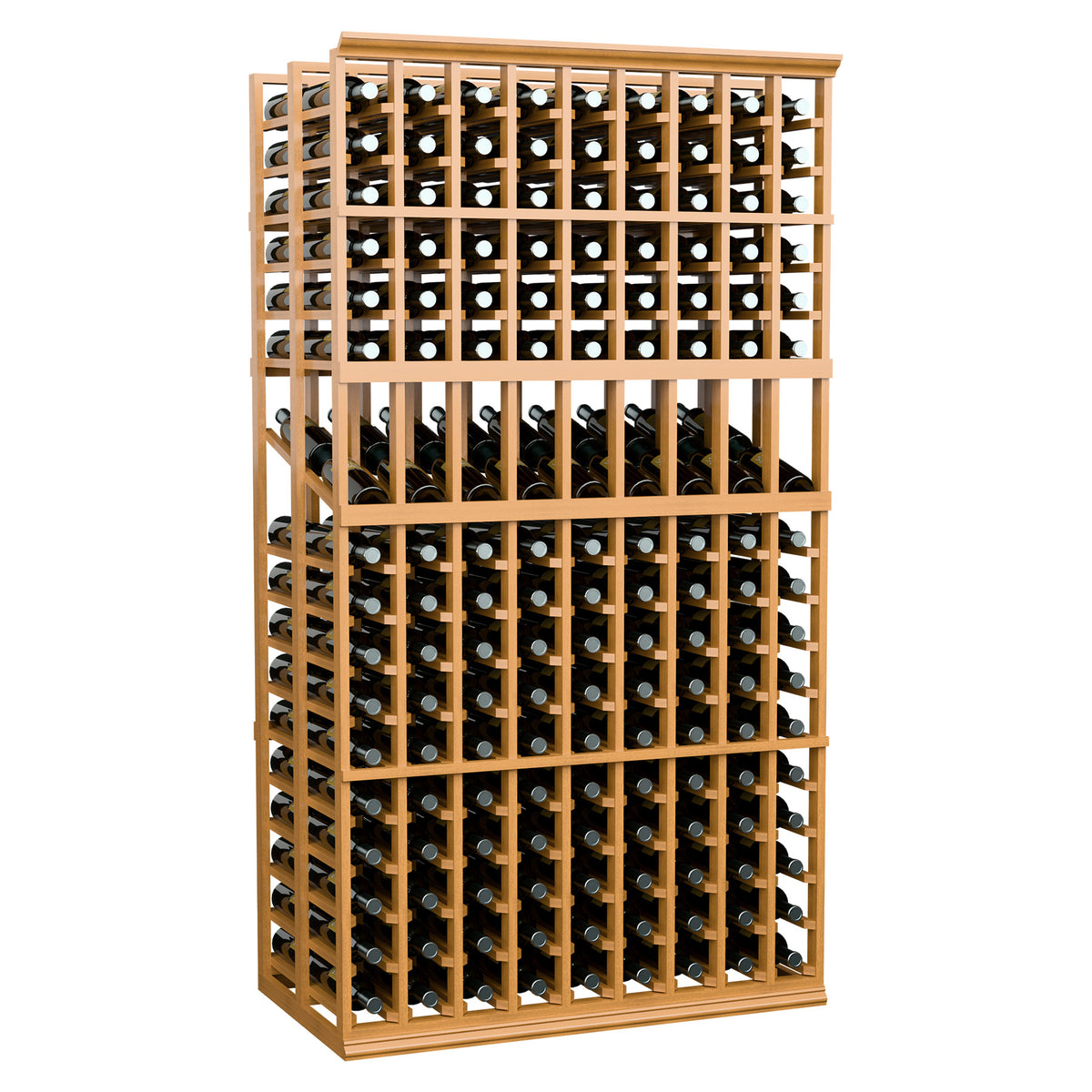 Light wood wine display rack with front grid showing bottle rows