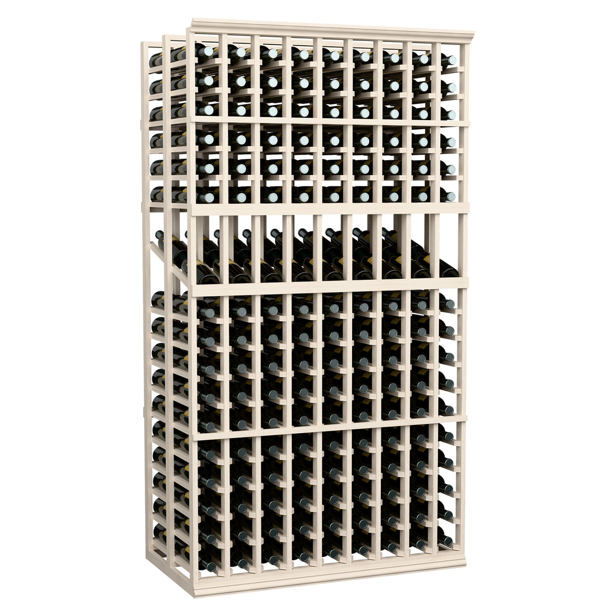 White wine display rack with front grid and stacked bottle slots
