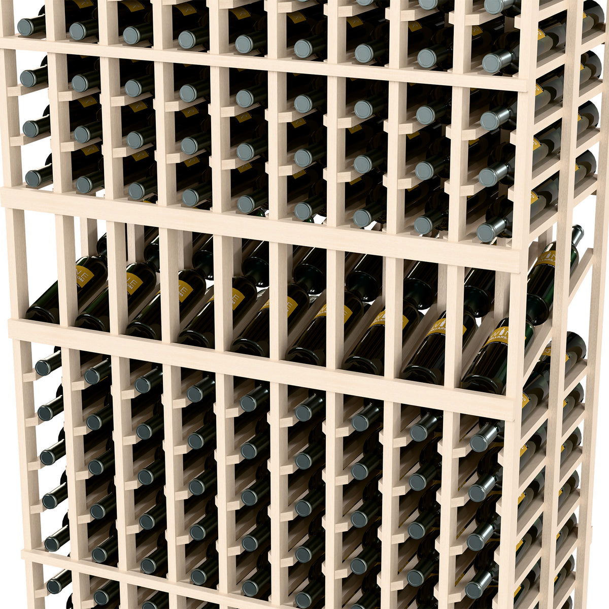 Close-up of white wine rack front with individual bottle holders in a grid