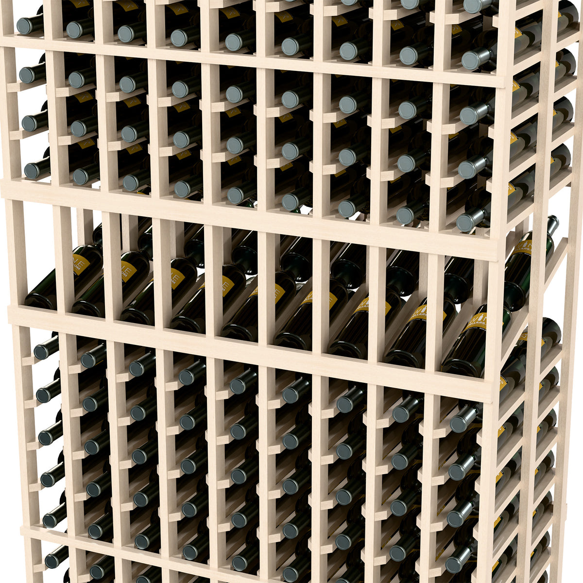 Close-up of white wine rack front with bottle slots in a neat grid