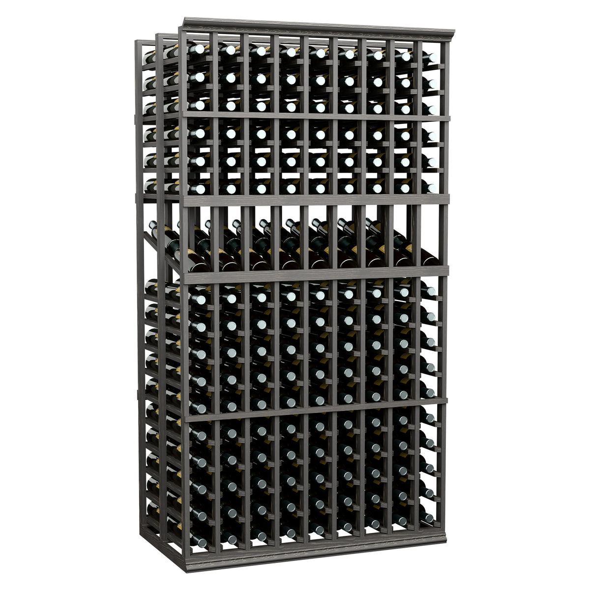 9-column double deep wine display rack with bottles in dark gray cubbies