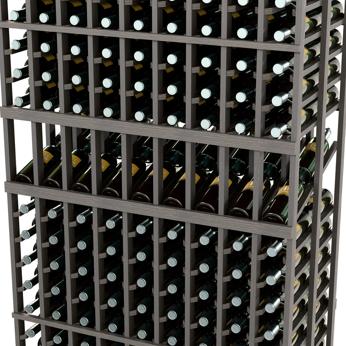 Close-up of wine display rack showing dark gray bottle holders and filled rows