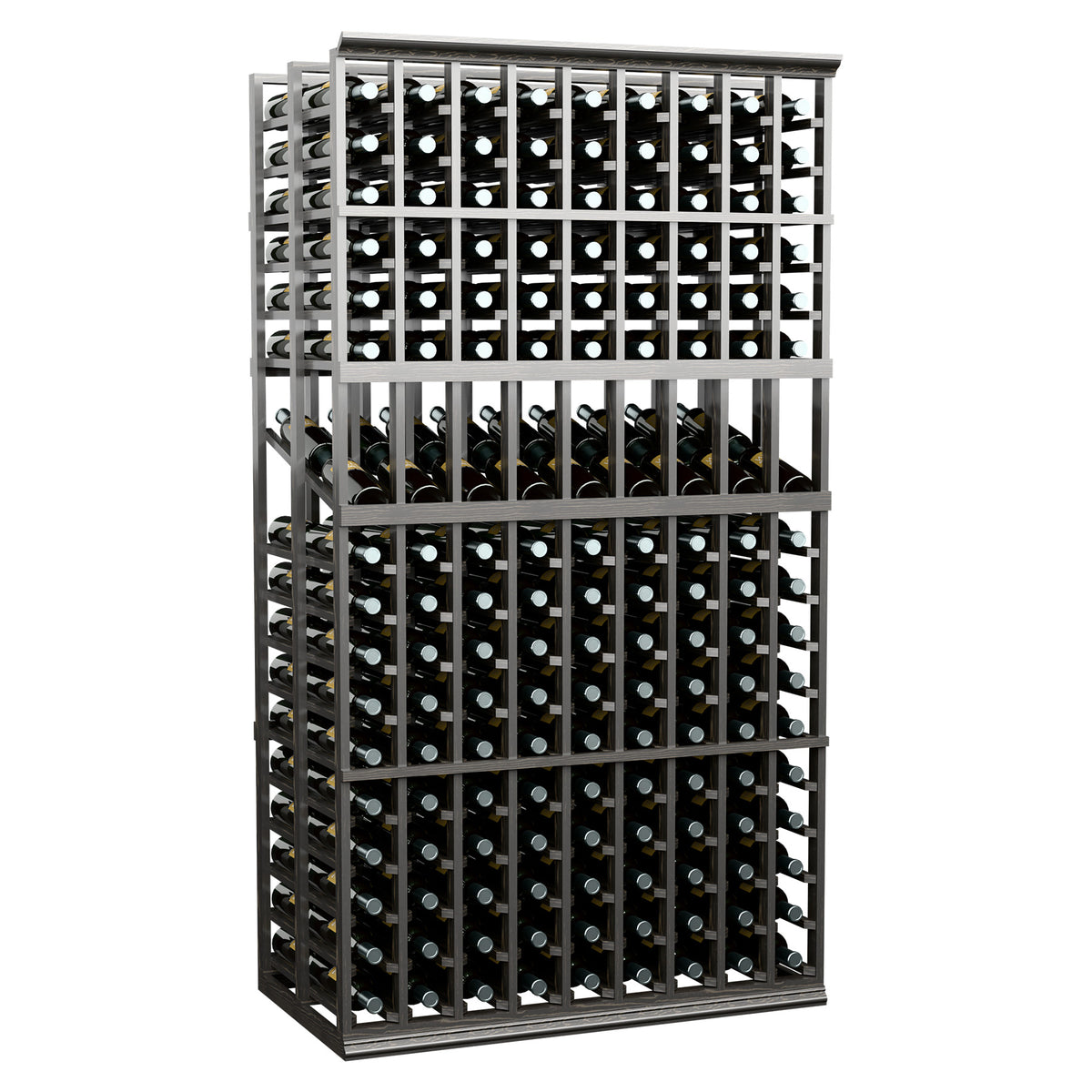 9-column double deep wine display rack with bottles arranged in dark gray slots
