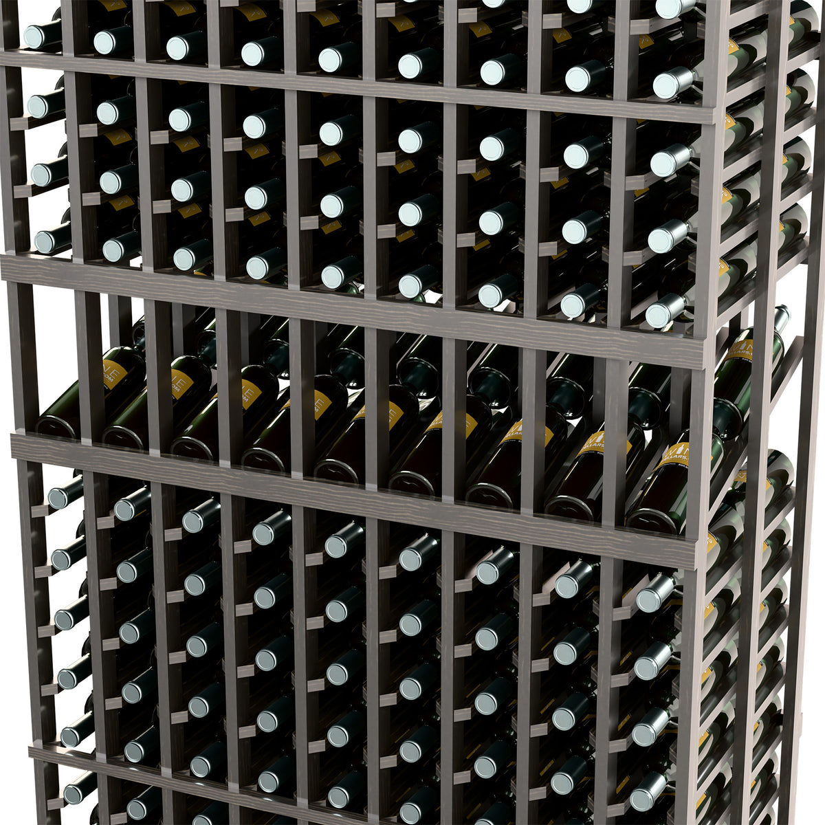 Close-up of wine display rack with bottles in dark gray horizontal holders