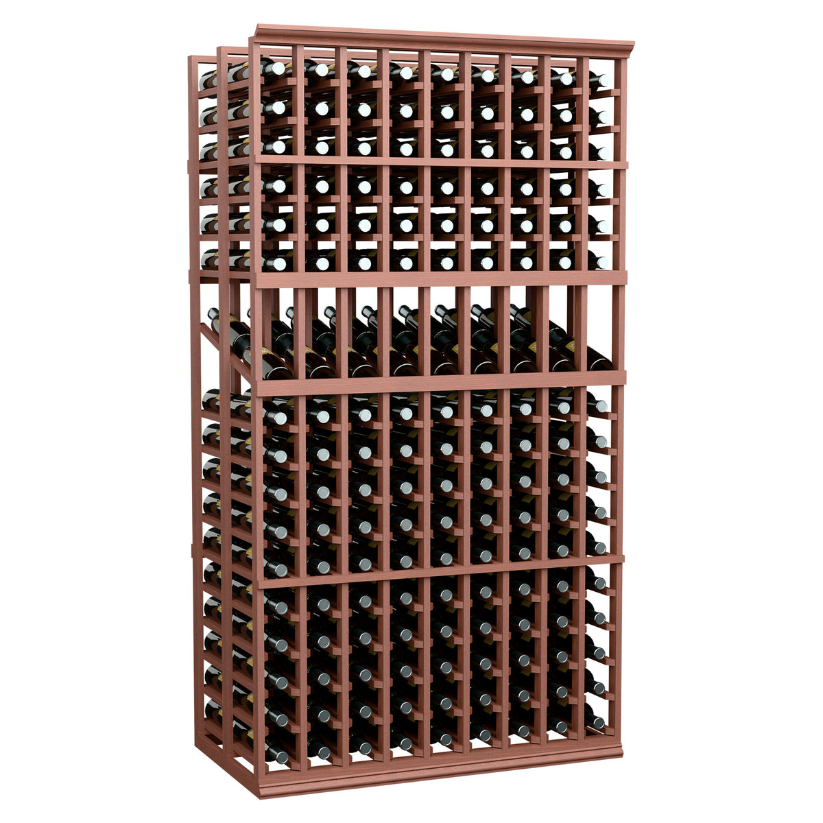 9-column double deep wine display rack with bottles in reddish wood cubbies