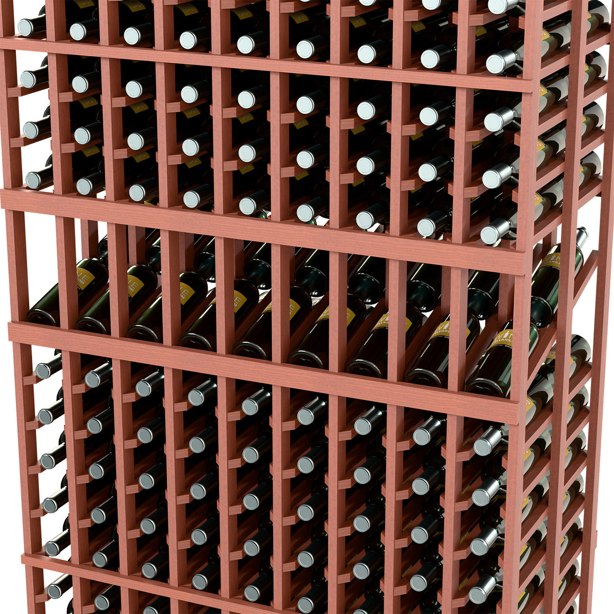 Close-up of wine display rack showing reddish bottle holders and filled rows