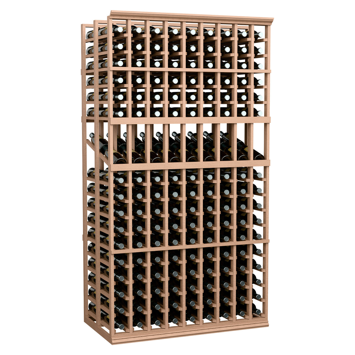 9-column double deep wine display rack with bottles in light reddish wooden cubbies