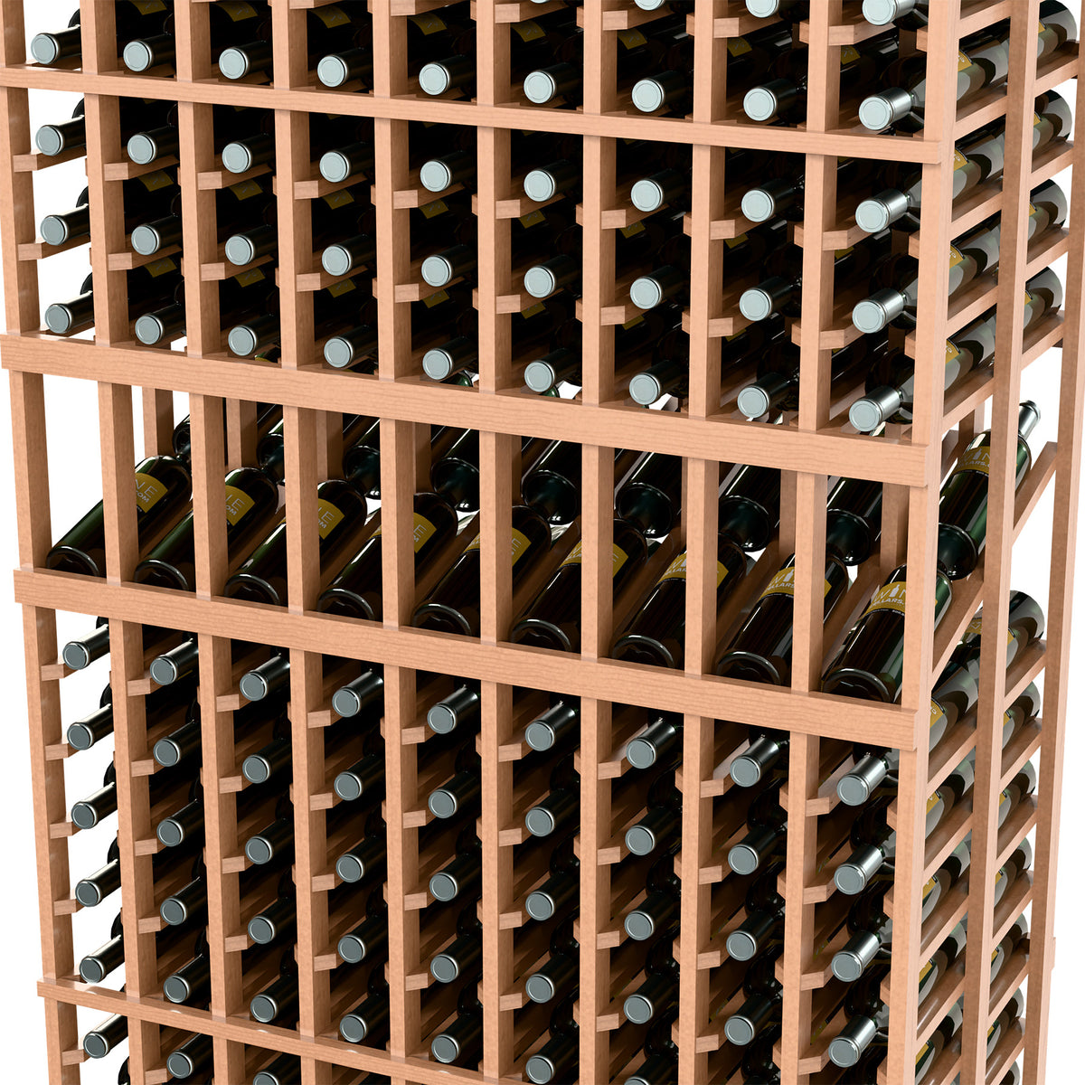 Wine rack close-up showing grid rows with bottle necks, light wood frame