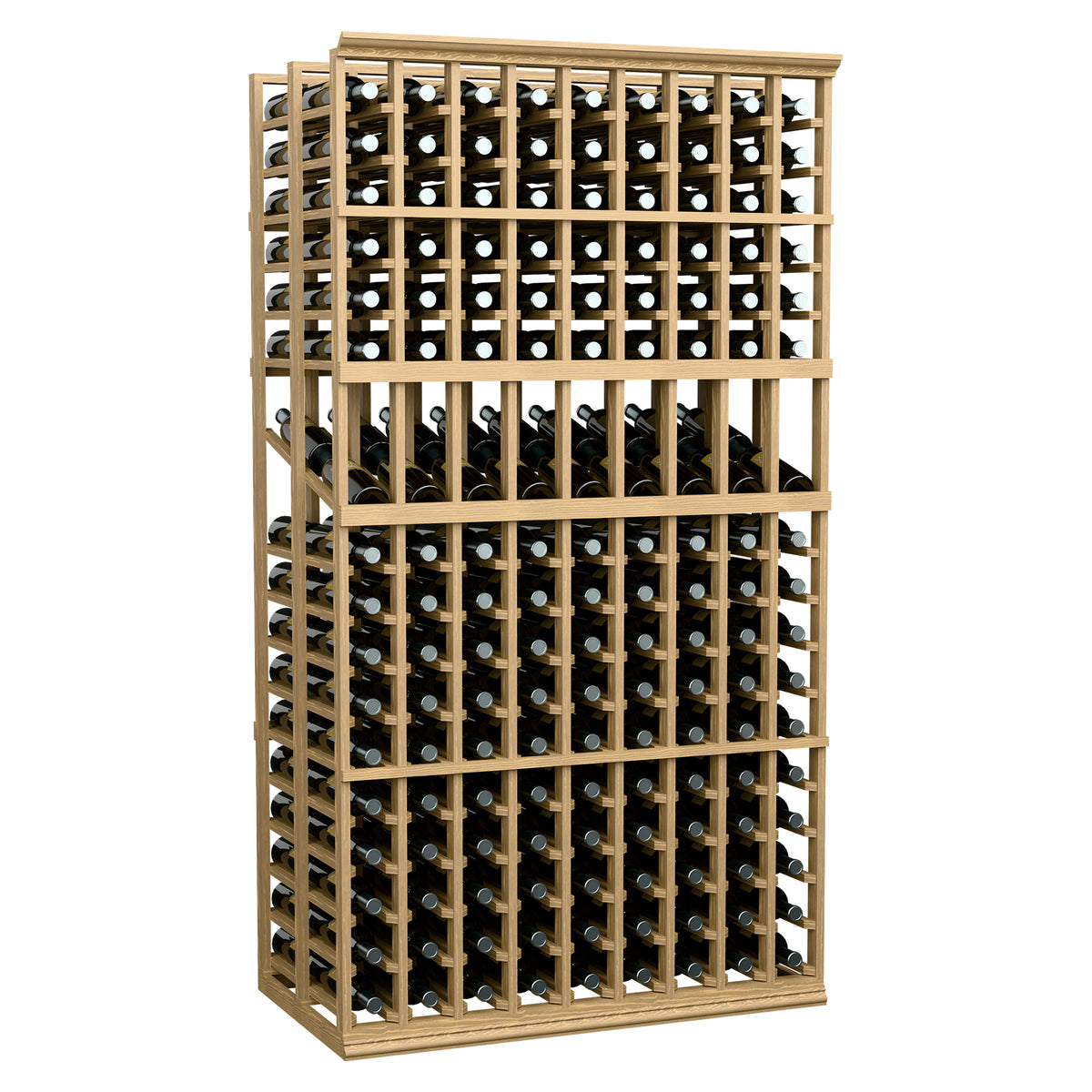 Wine display rack with 9 columns, double-deep bottle storage, light wood frame