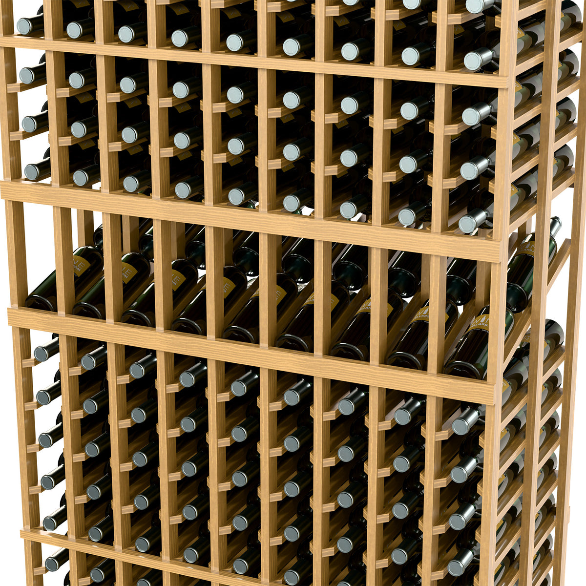 Wine rack close-up featuring bottle necks in light wood grid with bars