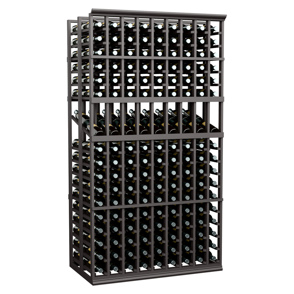 Wine display rack with 9 columns, double-deep bottle slots, dark wood frame