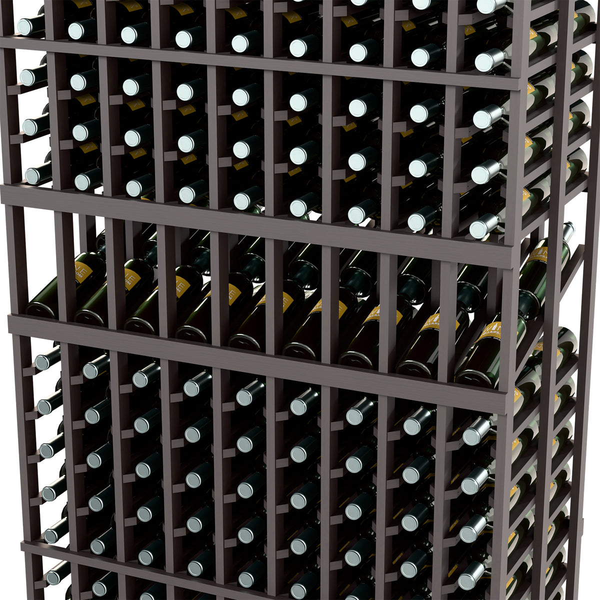 Close-up of bottle slots in dark wine rack grid with horizontal bars