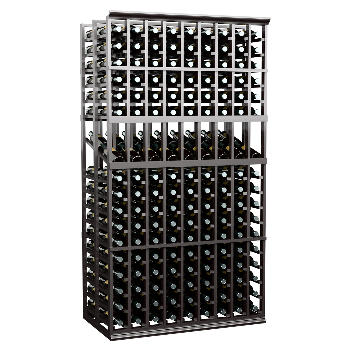Wine display rack with 9 columns, double-deep bottle storage, dark wood frame