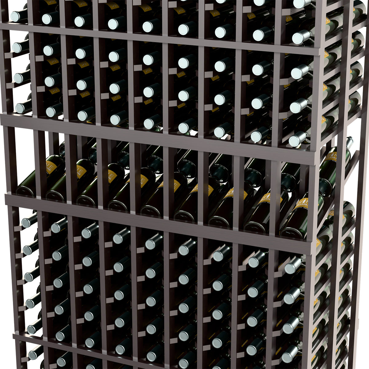 Wine rack close-up showing bottle necks in dark wood grid with bars