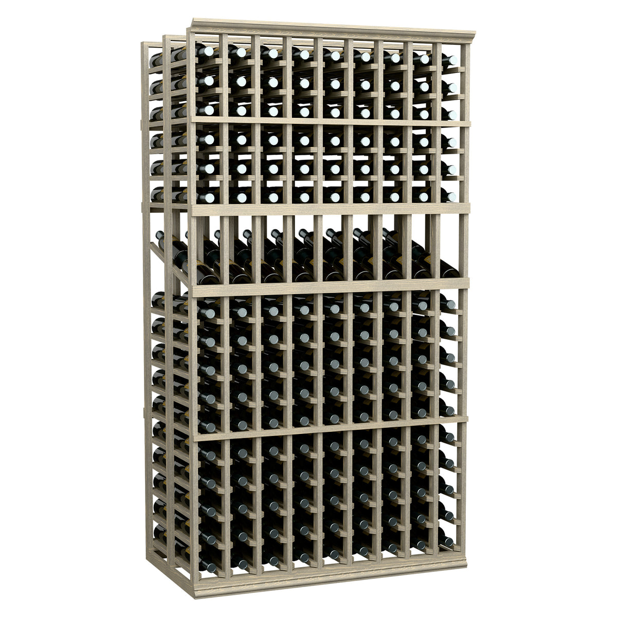 Double deep wine display rack with 9 columns and bottle slots, light wood, 6 ft