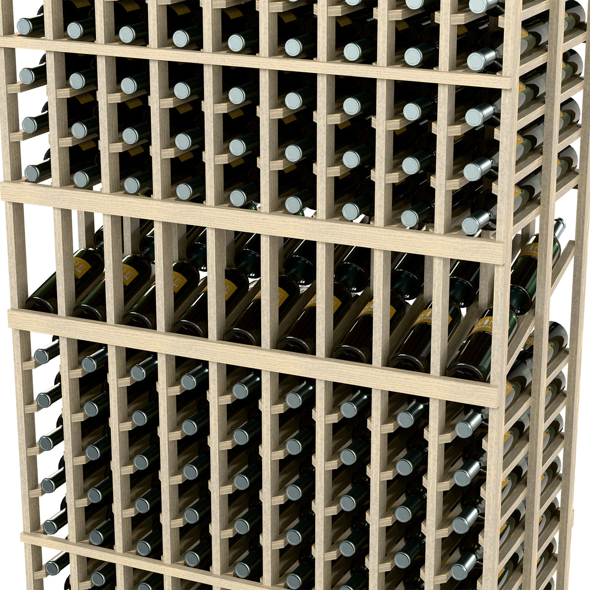 Close-up of light wood wine rack showing bottle slots in a grid, 9 columns