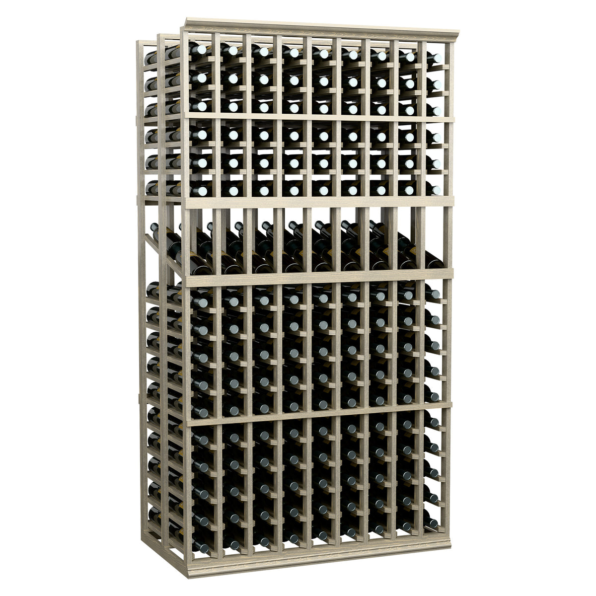 Front view of double deep wine display rack with 9 columns and bottle slots, light wood