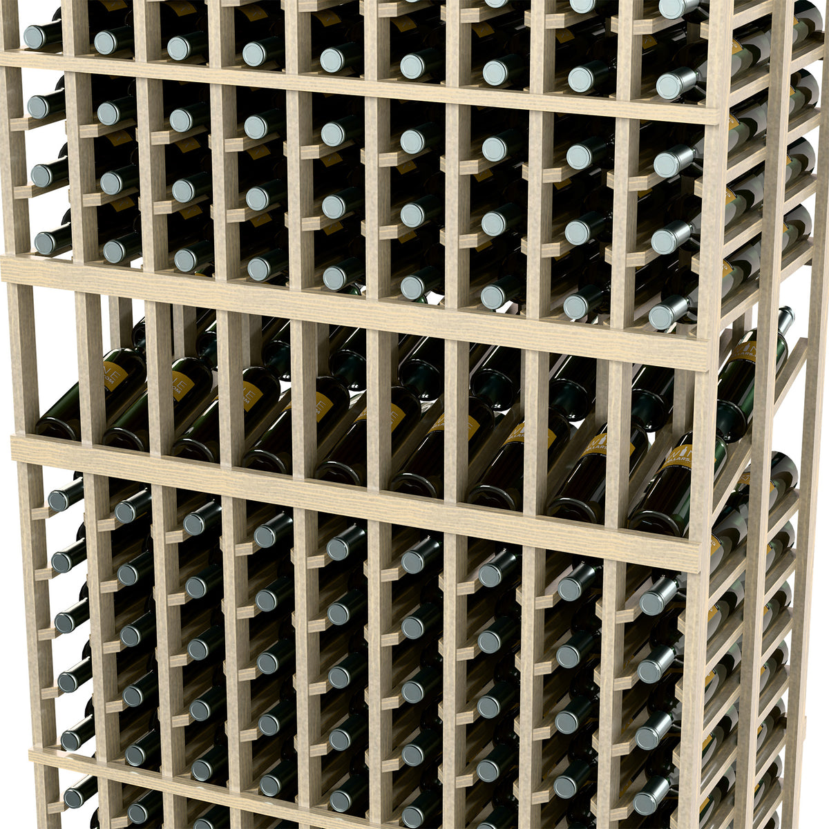 Close-up of light wood wine rack with stacked bottle slots and horizontal support bars