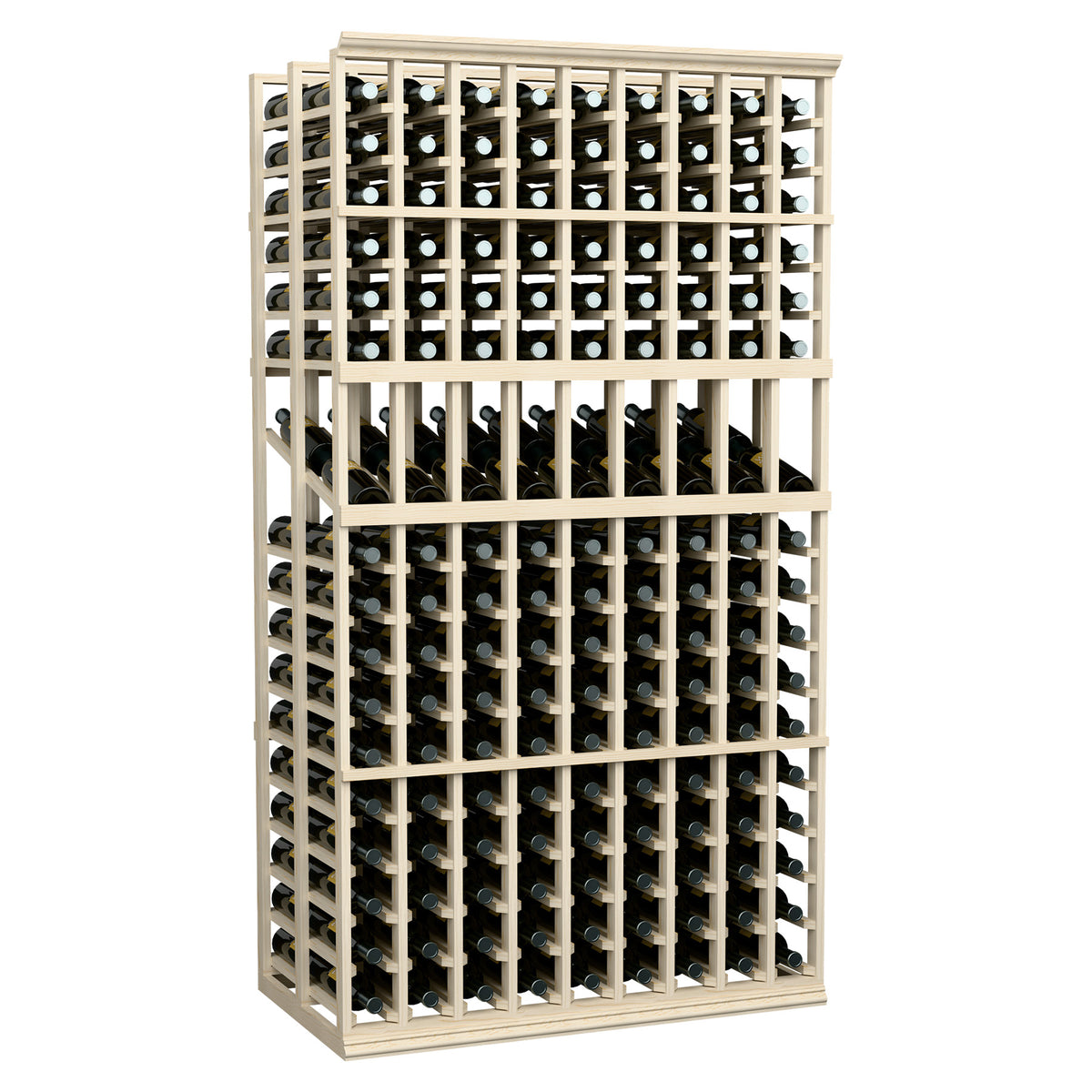 Double deep wine display rack with 9 columns and bottle slots, light wood frame