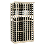 Double deep wine display rack with 9 columns and bottle slots, light wood frame