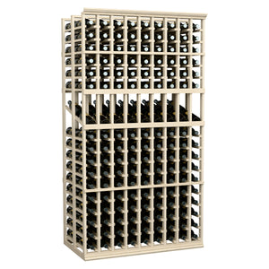 Double deep wine display rack with 9 columns and bottle slots, light wood frame