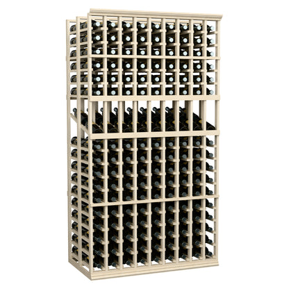 Double deep wine display rack with 9 columns and bottle slots, light wood frame