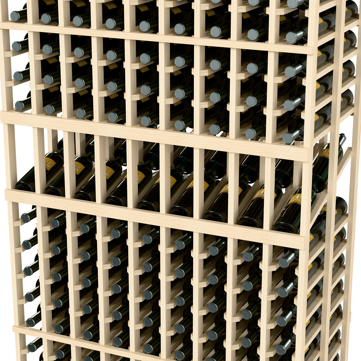Close-up of light wood wine rack showing bottle neck cradles and row rails
