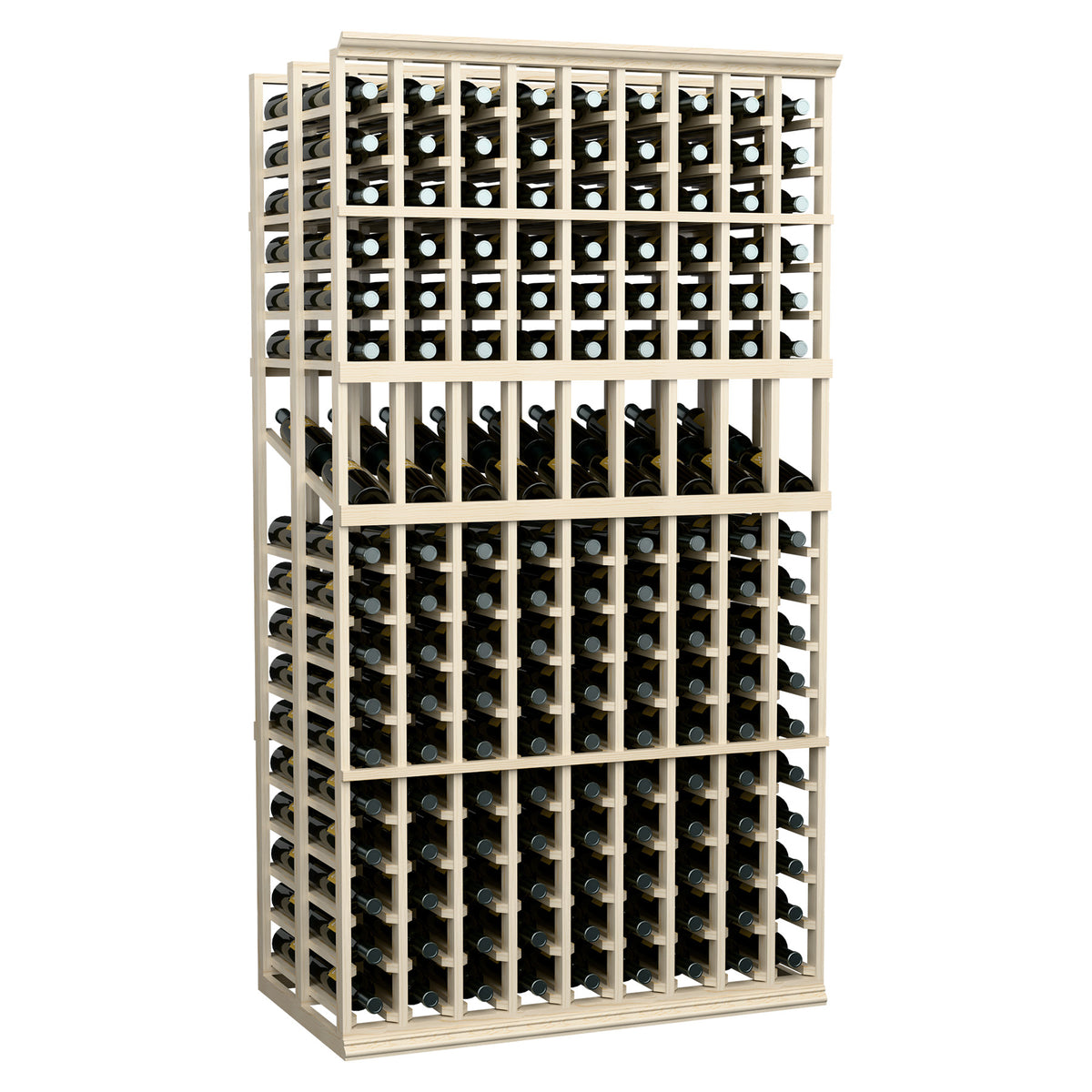 Front view of double deep wine rack with 9 columns and bottle slots, light wood
