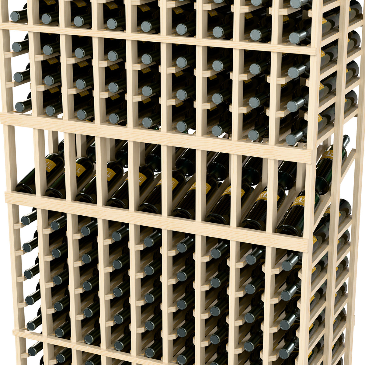 Close-up of light wood wine rack with multiple rows of bottle slots