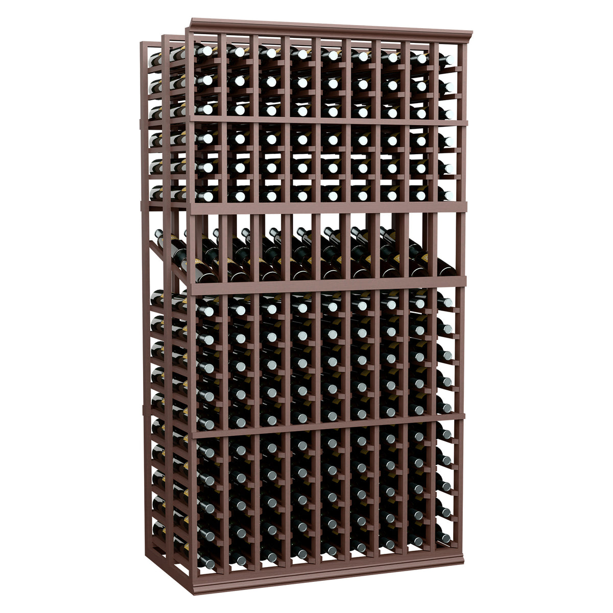 Double deep wine display rack with 9 columns and bottle slots, dark wood, 6 ft
