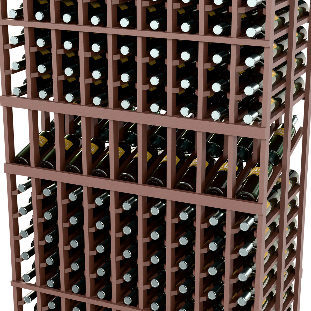 Close-up of dark wood wine rack showing bottle slots in a grid, 9 columns