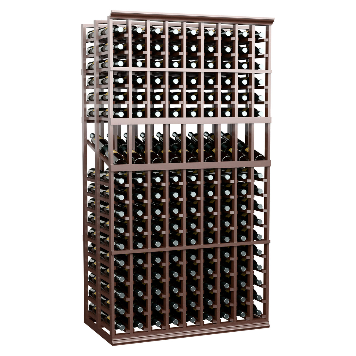 Double-deep wine display rack with 9 columns and vertical bottle slots, dark wood frame