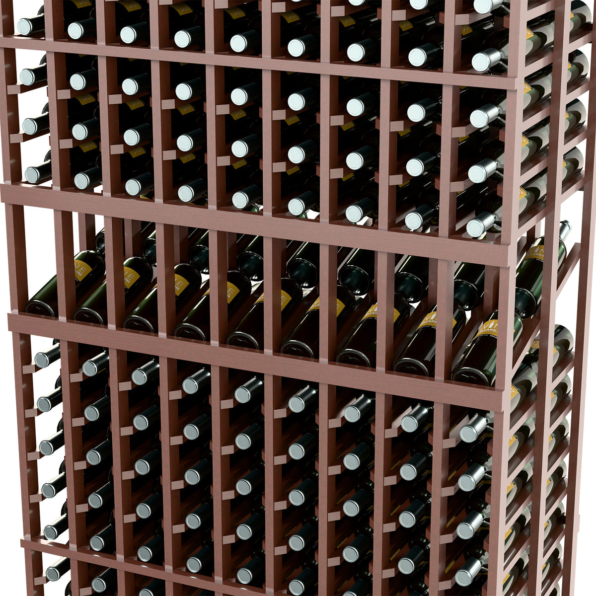 Close-up of dark wood double-deep wine rack showing vertical bottle slots and divider bars