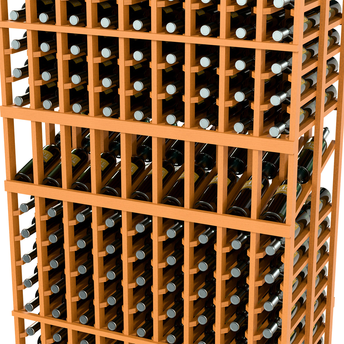 Close-up of light wood double-deep wine rack with vertical bottle slots and rails