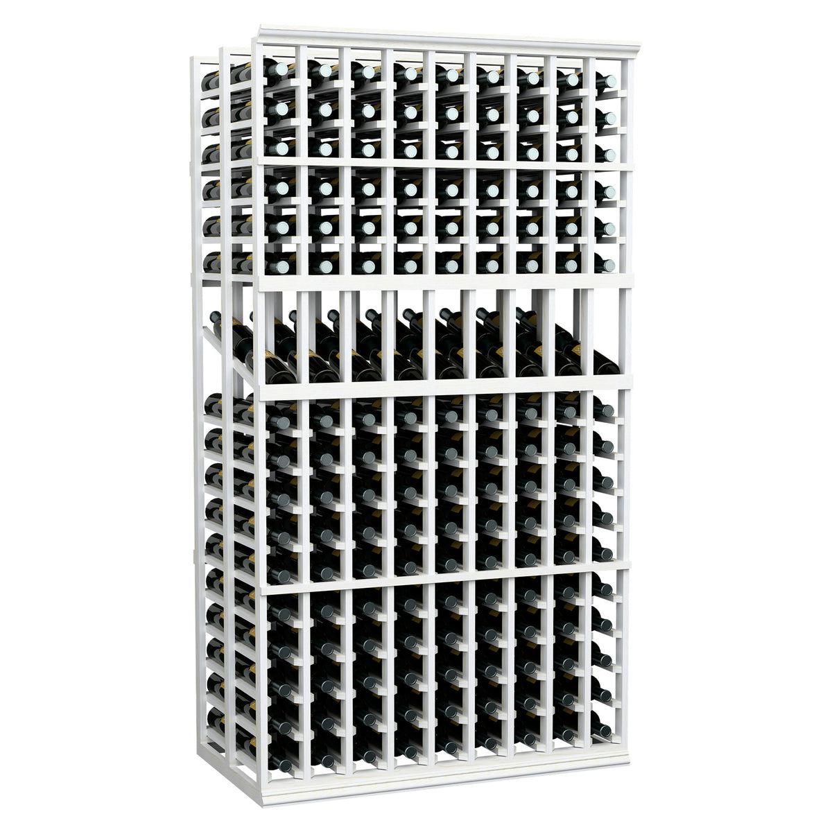 Double-deep wine display rack with 9 columns and vertical bottle slots, white frame